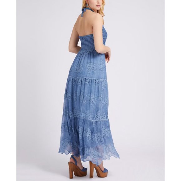 Guess Vanda Crochet V-neck Halter Silk Blend Long Dress Blue Womens Large - Picture 5 of 12